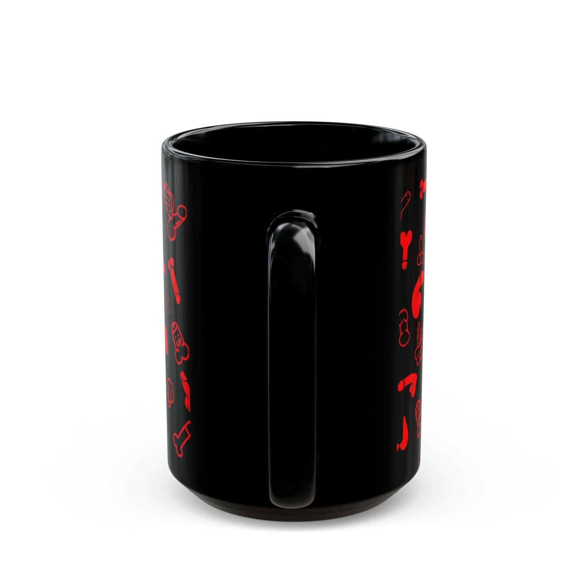 Black ceramic mug with playful red willie print, available in two sizes, glossy finish.