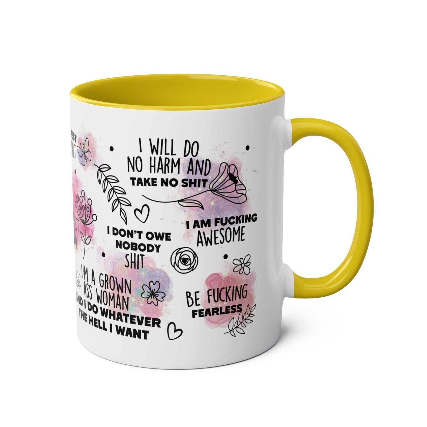 Sweary Quotes Coffee Mug with fun cheeky sayings and yellow handle, 11oz ceramic, glossy finish.