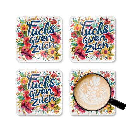 Colorful Fucks Given Zilch coaster set with floral design and coffee cup.