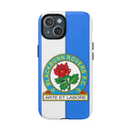 Blackburn Rovers MagSafe iPhone case with blue and white colors, club crest, dual-layer protection, and wireless charging compatibility