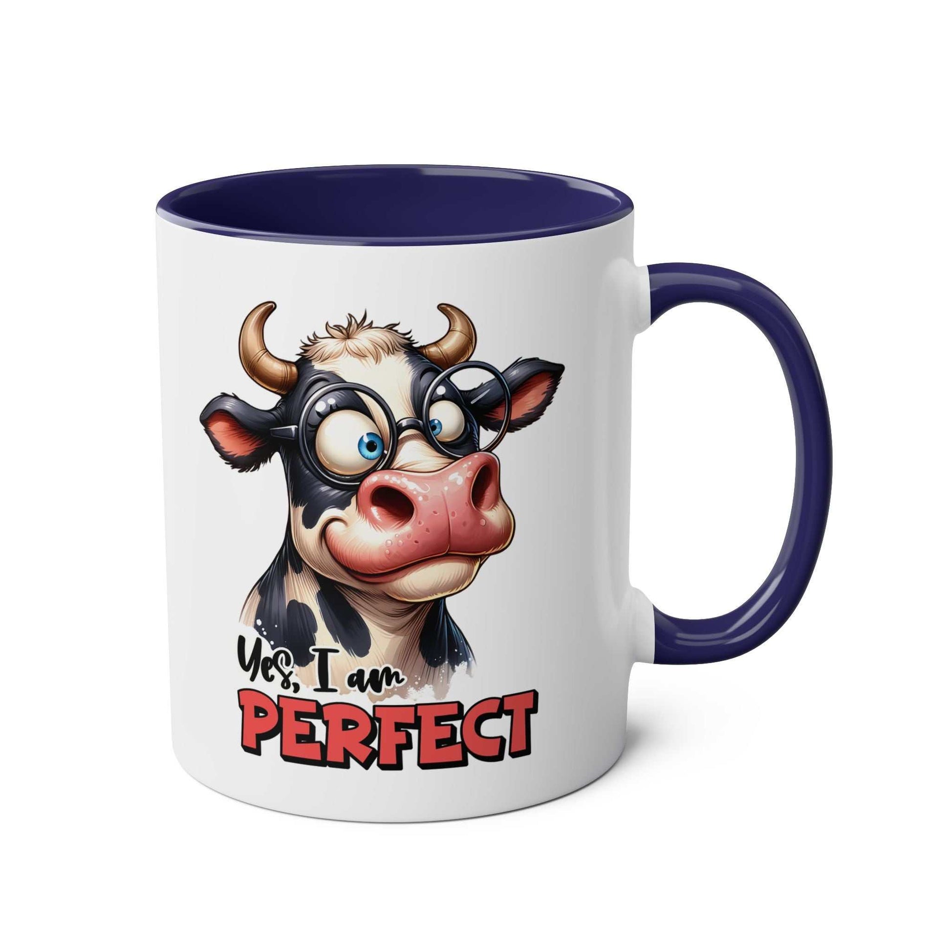 Cow design coffee mug with "Yes, I am Perfect" text, featuring fun and quirky style.