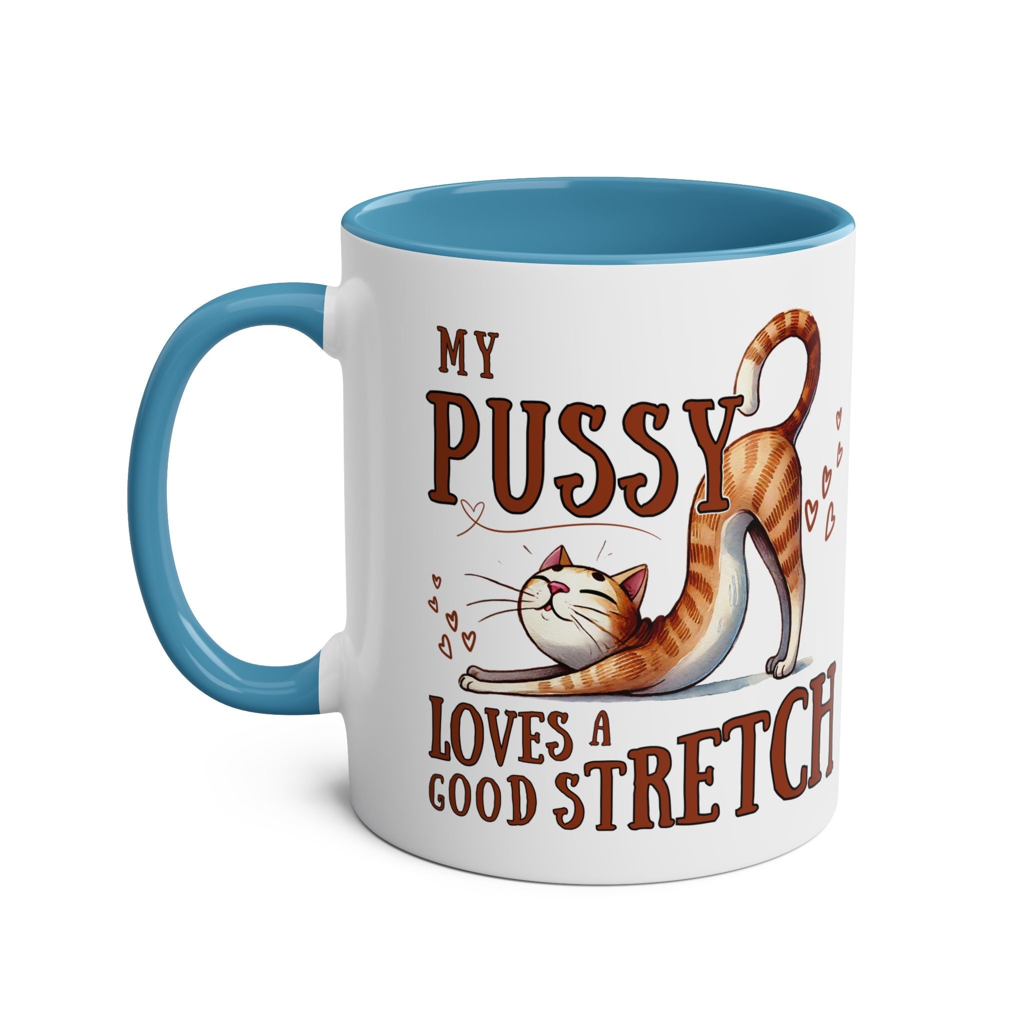 Cheeky Fun Coffee Mug with playful cat stretch design, blue handle, 11oz ceramic, microwave and dishwasher safe