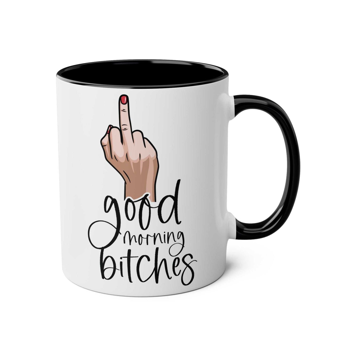 Cheeky rude ceramic two-tone mug with playful design and glossy finish.