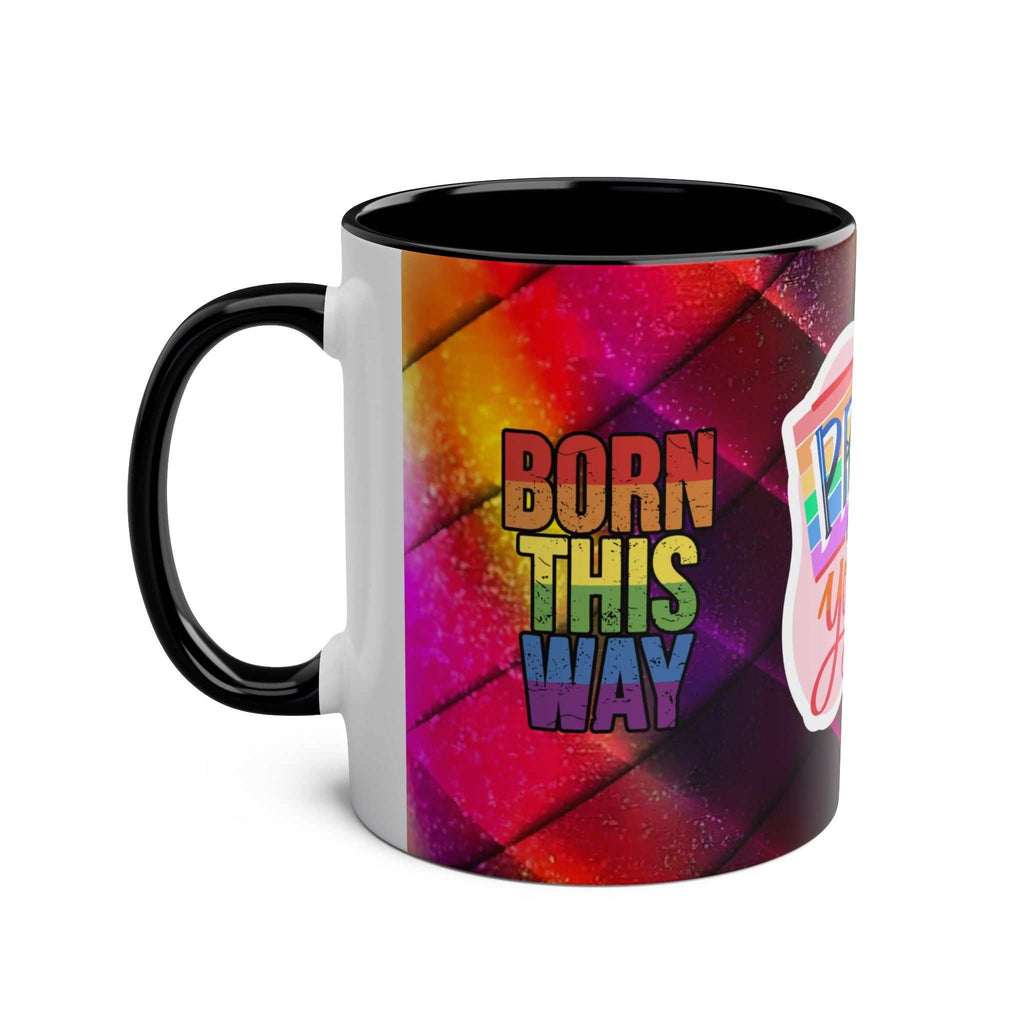 LGBTQ+ Pride Mug with vibrant rainbow design and "Born This Way" text.