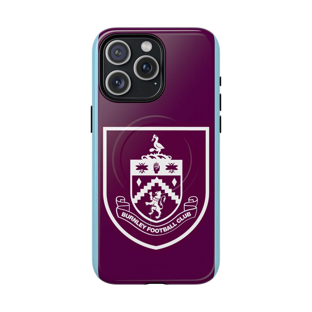 Burnley FC MagSafe iPhone Case with claret and blue colors, official-inspired crest, dual-layer protection, and MagSafe compatibility