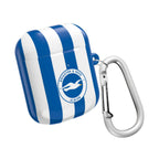 Brighton FC AirPods protective case with blue and white stripes, club crest, shock-resistant and wireless charging compatible.