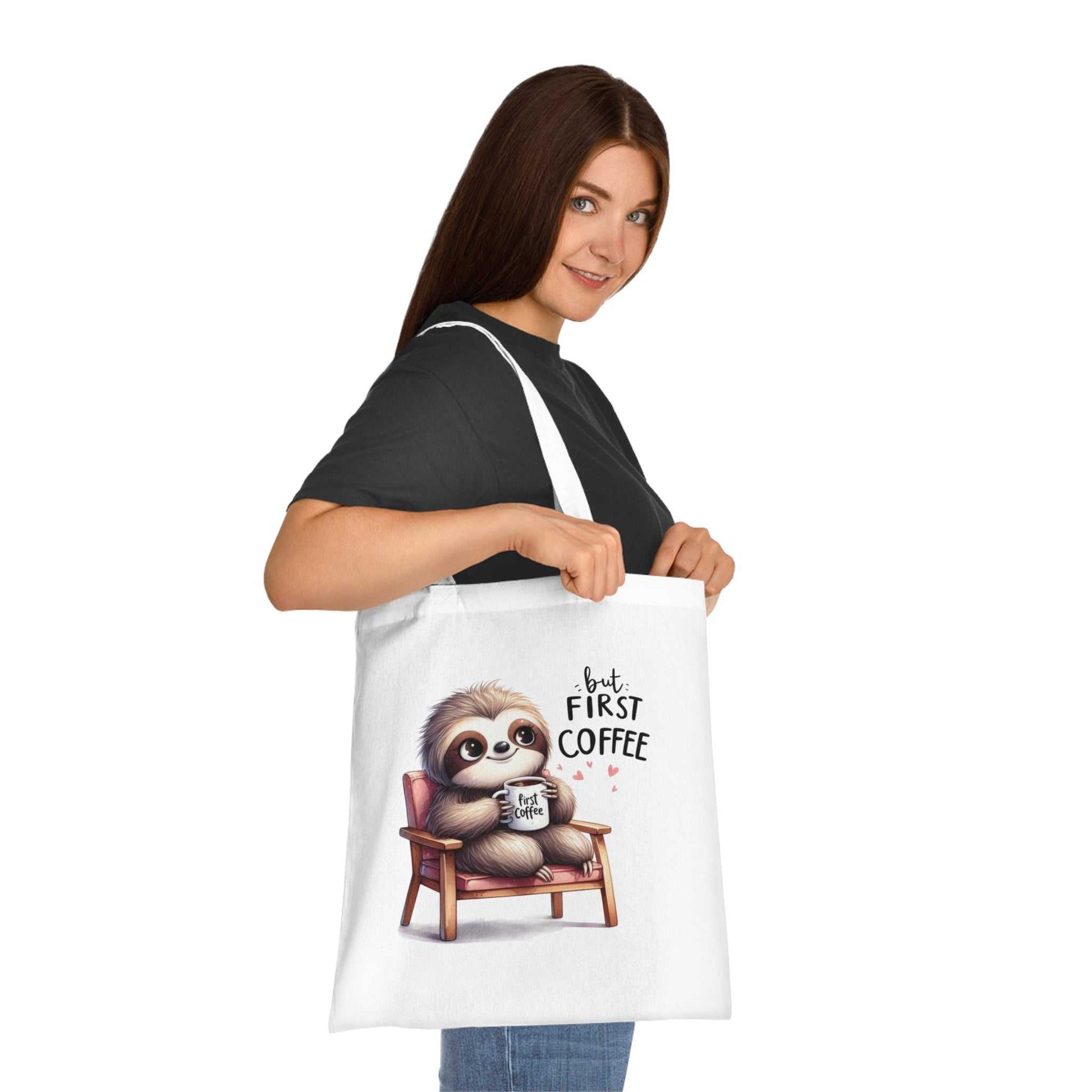 Cotton tote bag featuring a cute sloth design, perfect for sloth lovers.