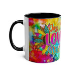 LGBTQ+ Pride Mug with vibrant rainbow design and "Joy Love Bliss" text.