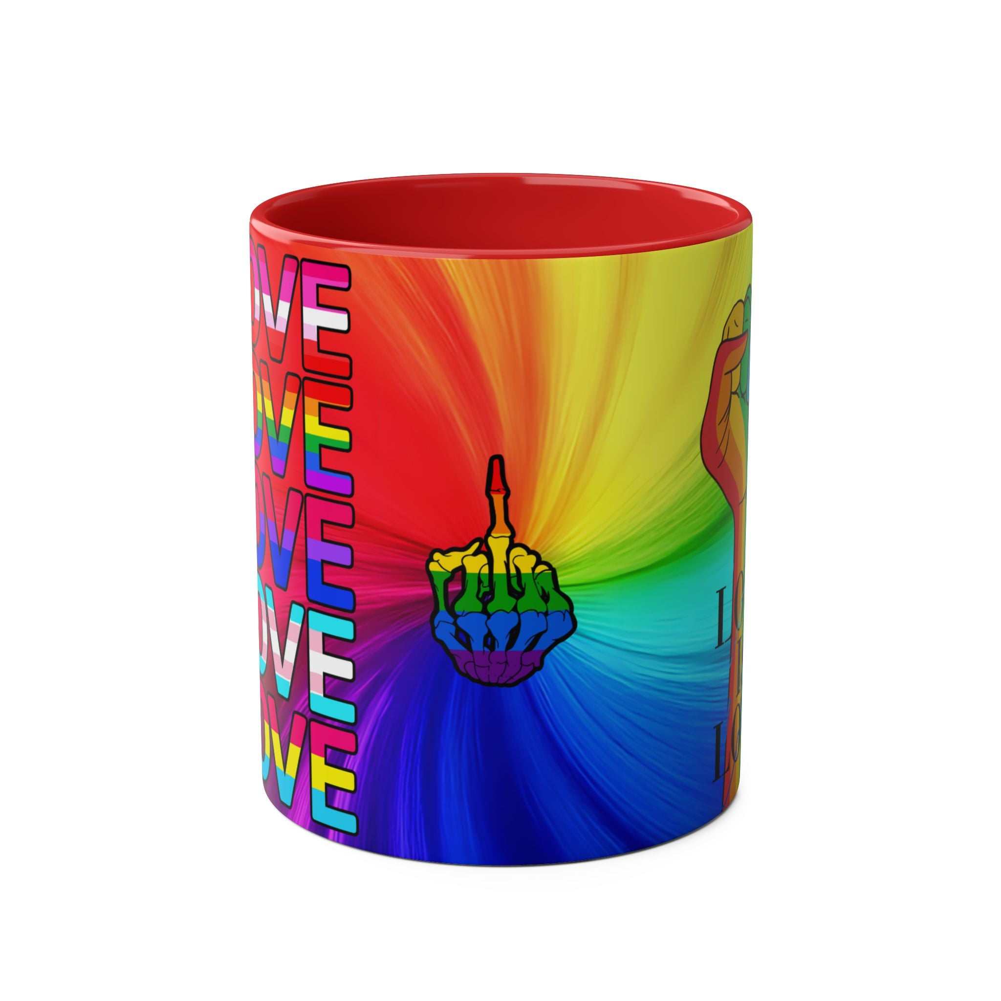 LGBTQ+ Pride Mug with colorful rainbow design and glossy finish.