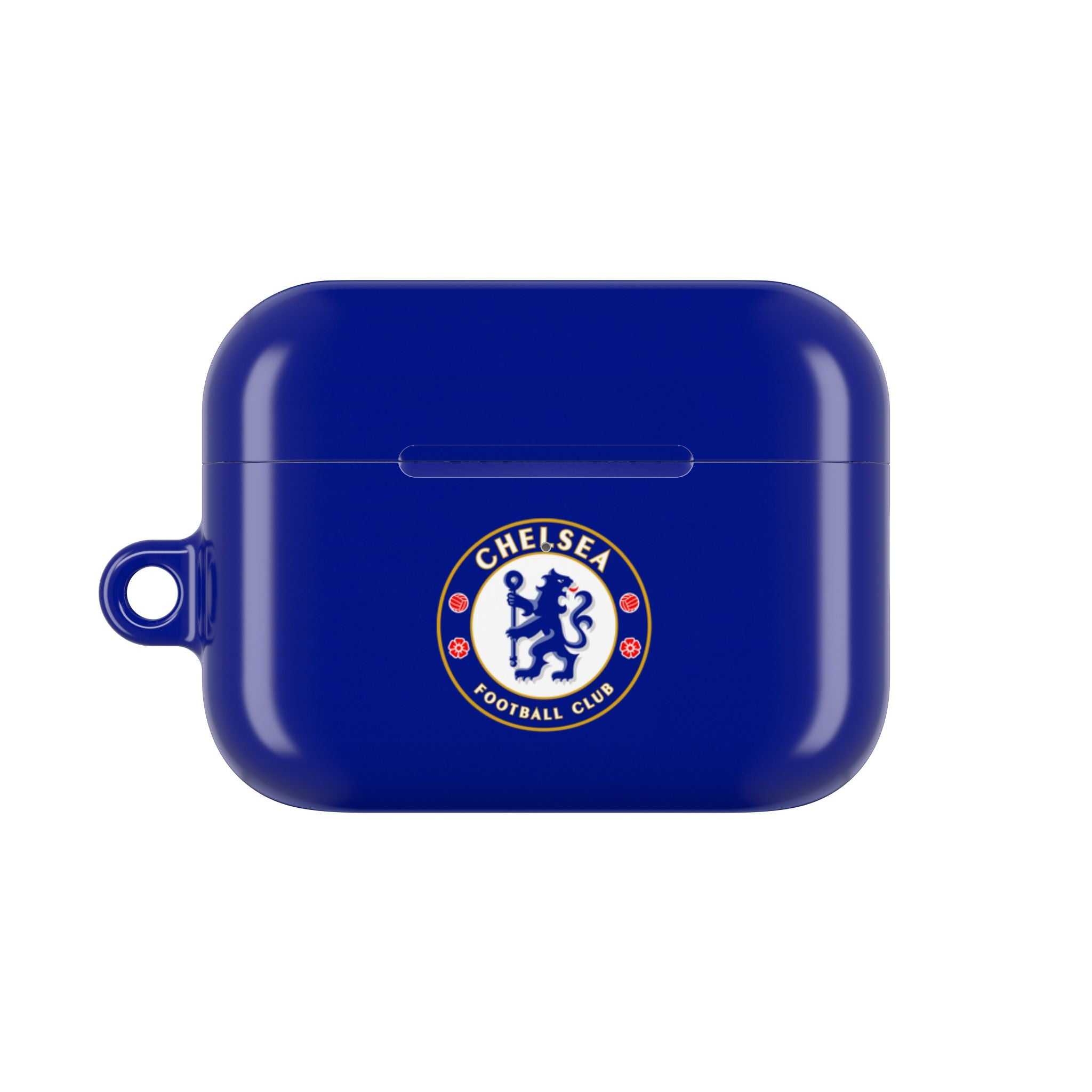 Chelsea FC AirPods protective case in royal blue with club crest, shock-resistant and wireless charging compatible