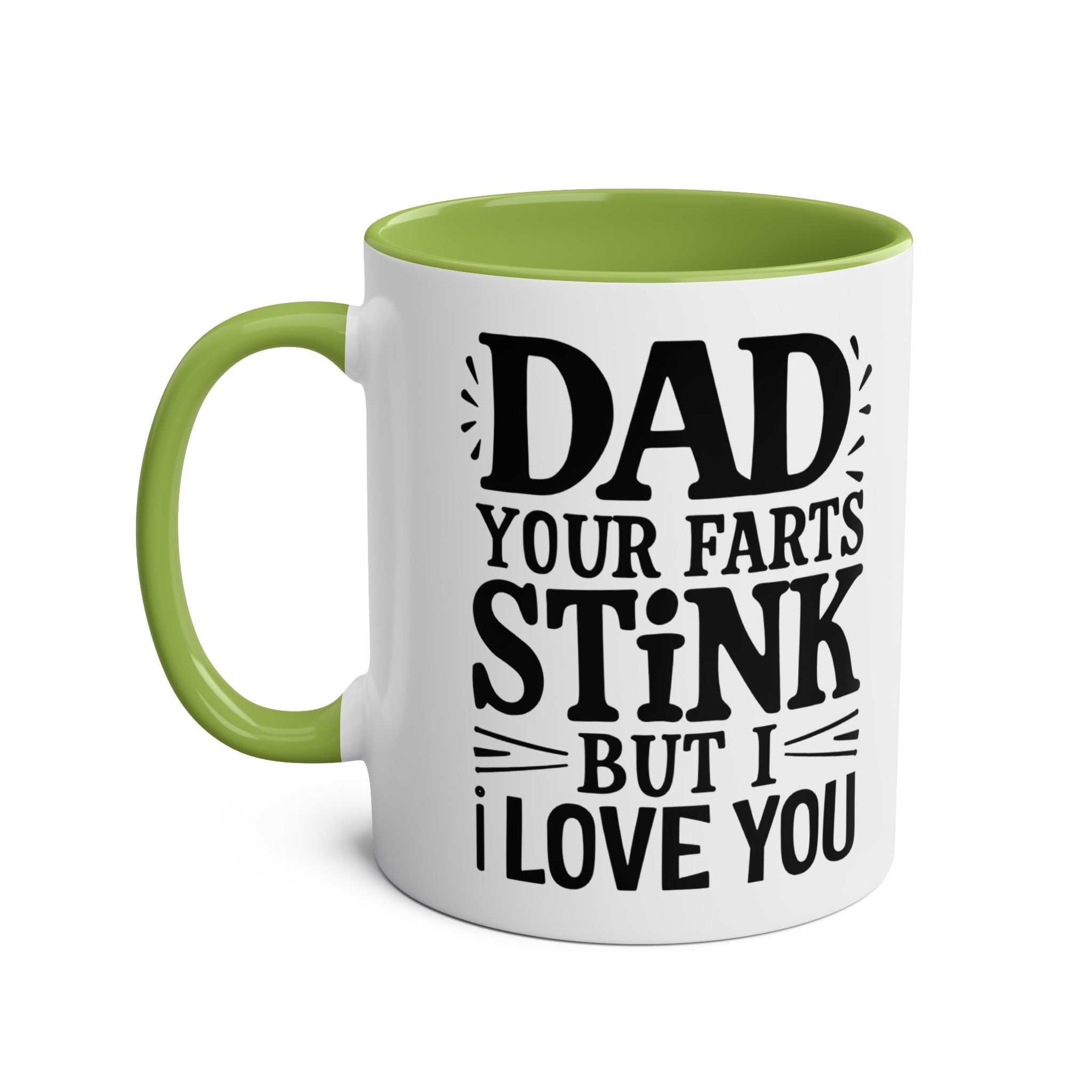 Fun Fathers Day Gift Mug with humorous message and green handle.