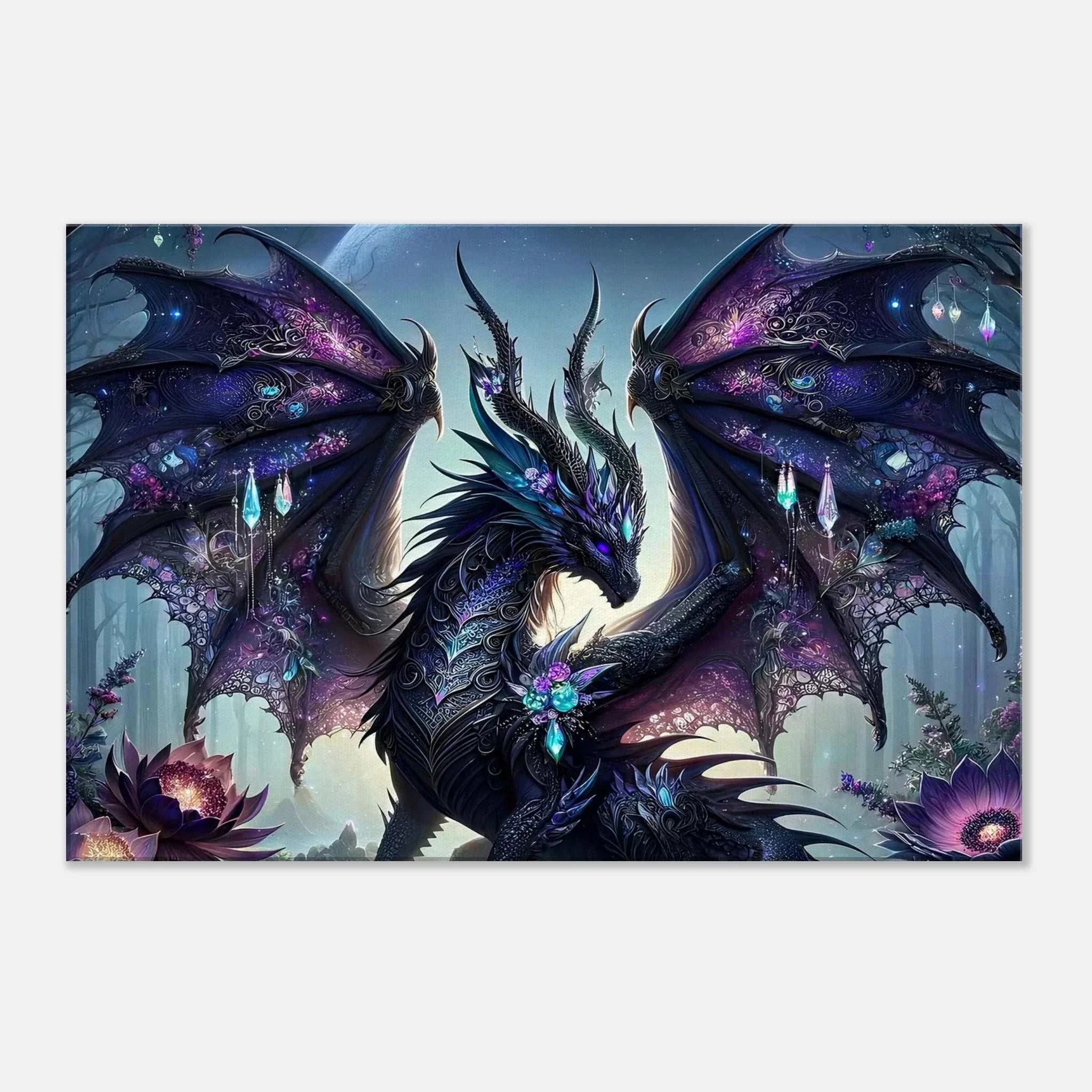 Black Gem Dragon wall canvas with shimmering gems and vibrant colors.