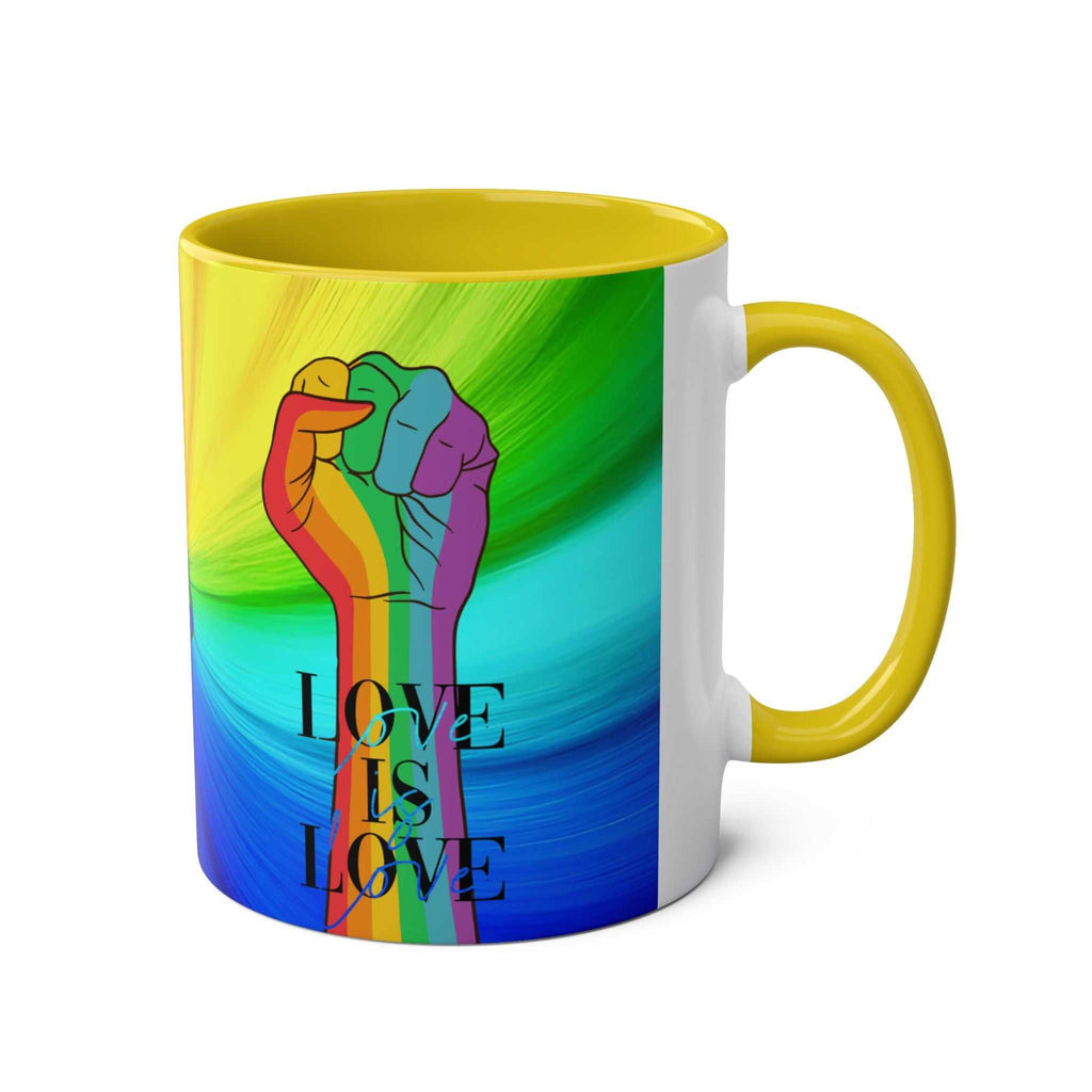 LGBTQ+ Pride Mug with rainbow fist design and "Love is Love" text.