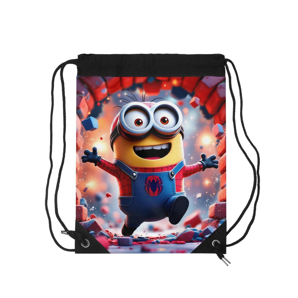Minion Spider-Man drawstring gym bag with durable polyester and reinforced corners for kids and superhero fans
