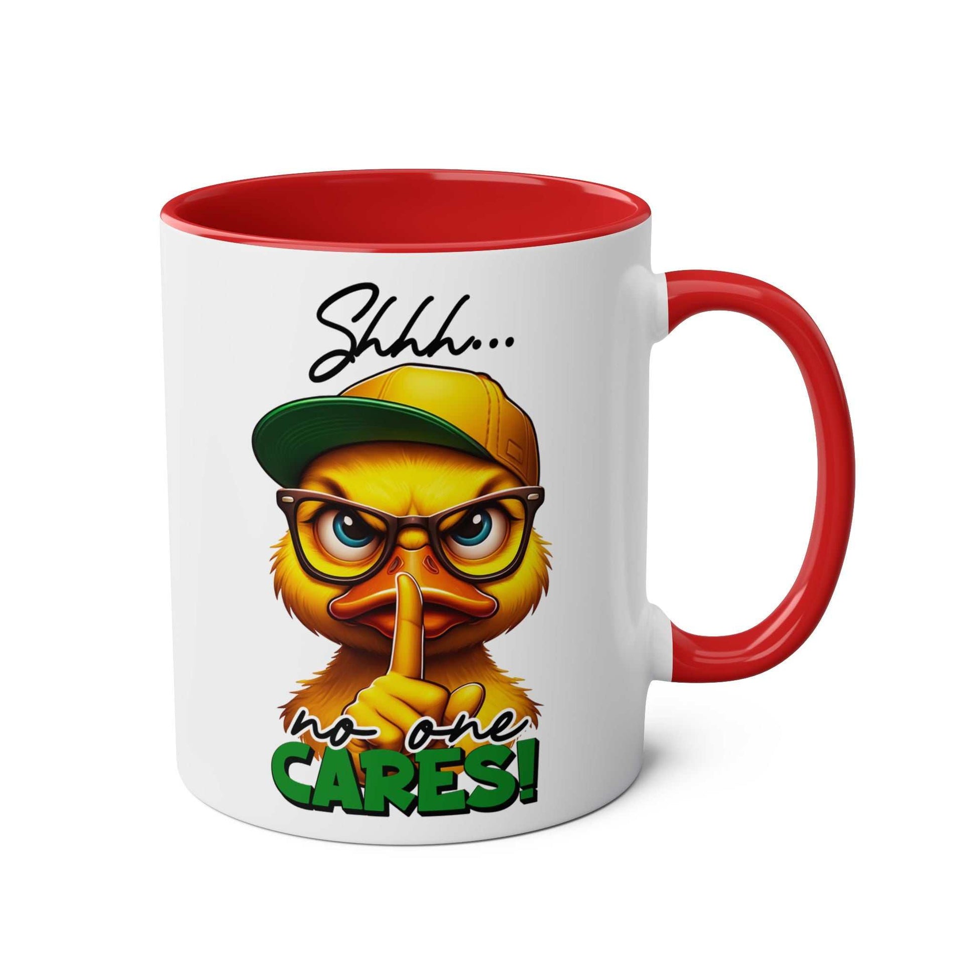 No One Cares Coffee Mug with sarky duck design and "shhh" message.