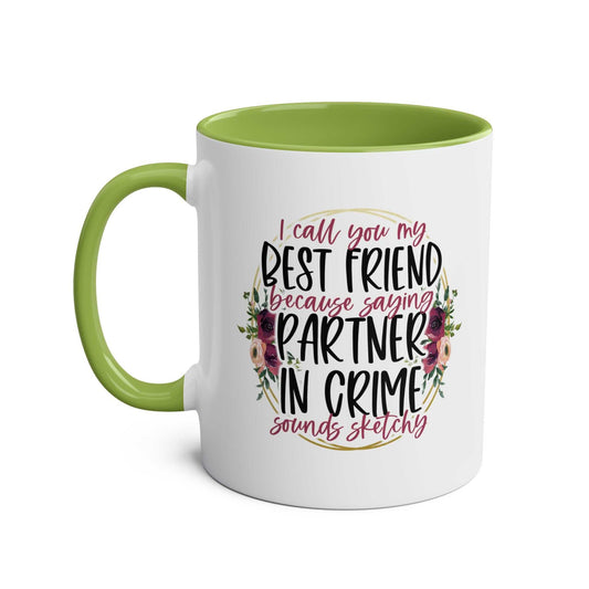 Partner in Crime Coffee Mug with humorous design, green interior, 11oz ceramic, glossy finish.