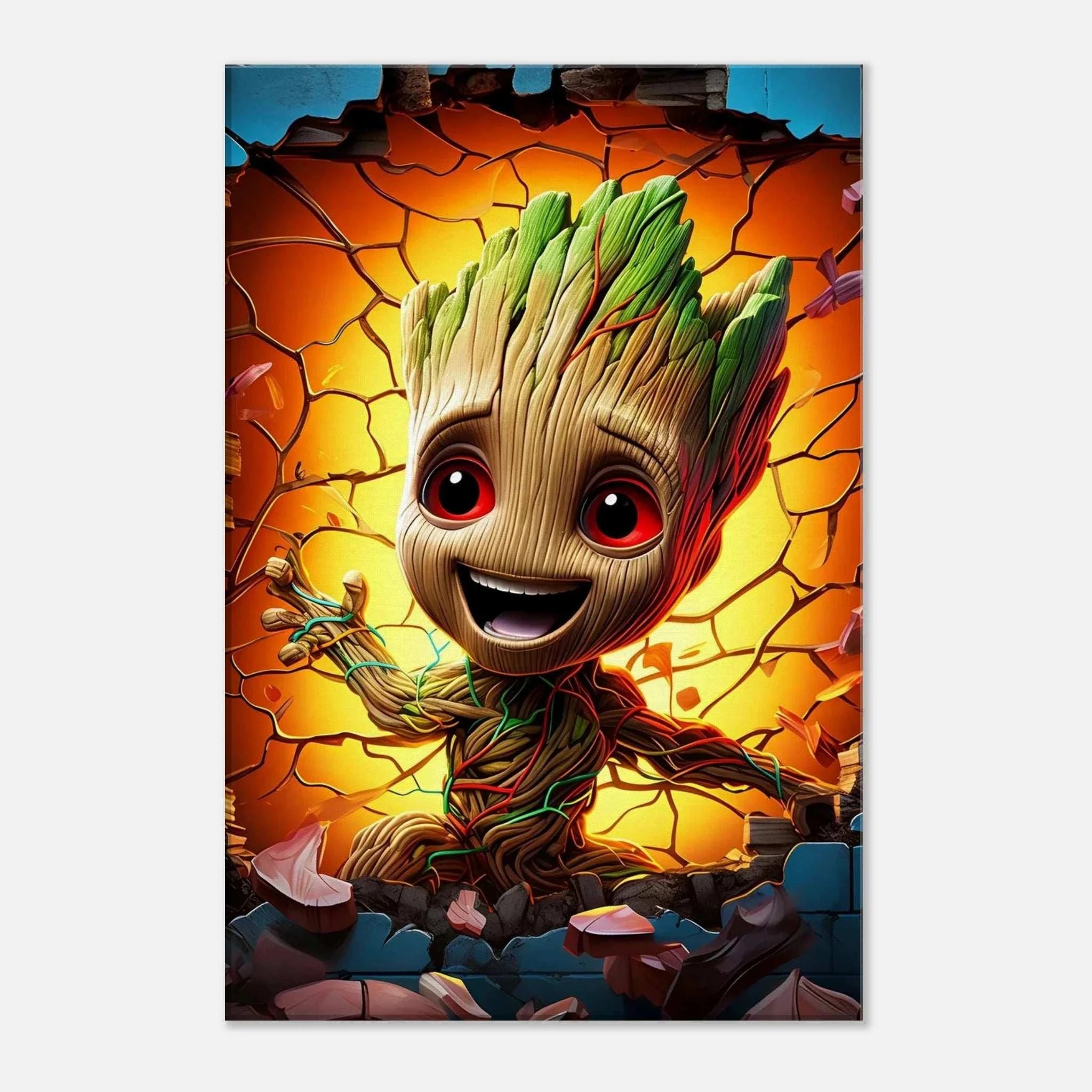 Baby Groot wall canvas with vibrant colors, perfect for fans, available in various sizes and profiles.