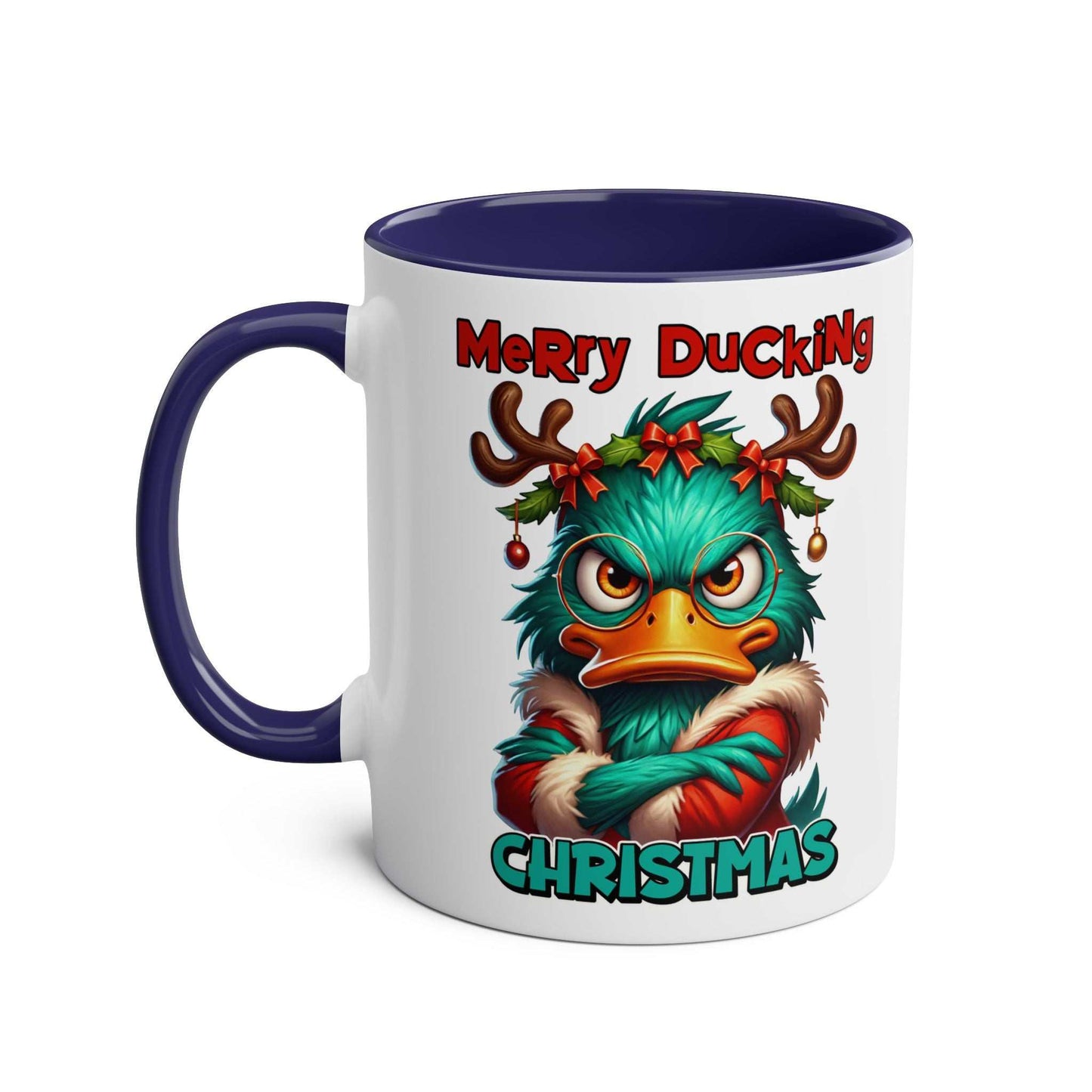 Sarky Christmas Mug with adorable duck design and humorous twist, available in 7 colors, glossy ceramic, microwave and dishwasher safe.