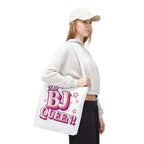 BJ Queen Tote Bag with cheeky design, durable spun polyester, three sizes, and multiple handle colors