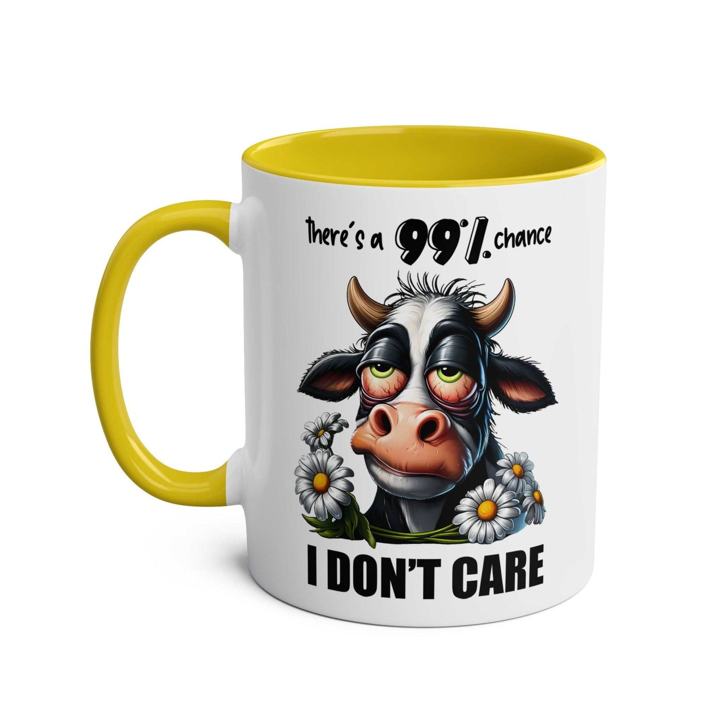 I Dont Care Coffee Mug with sarky cow design, glossy finish, in yellow and white.