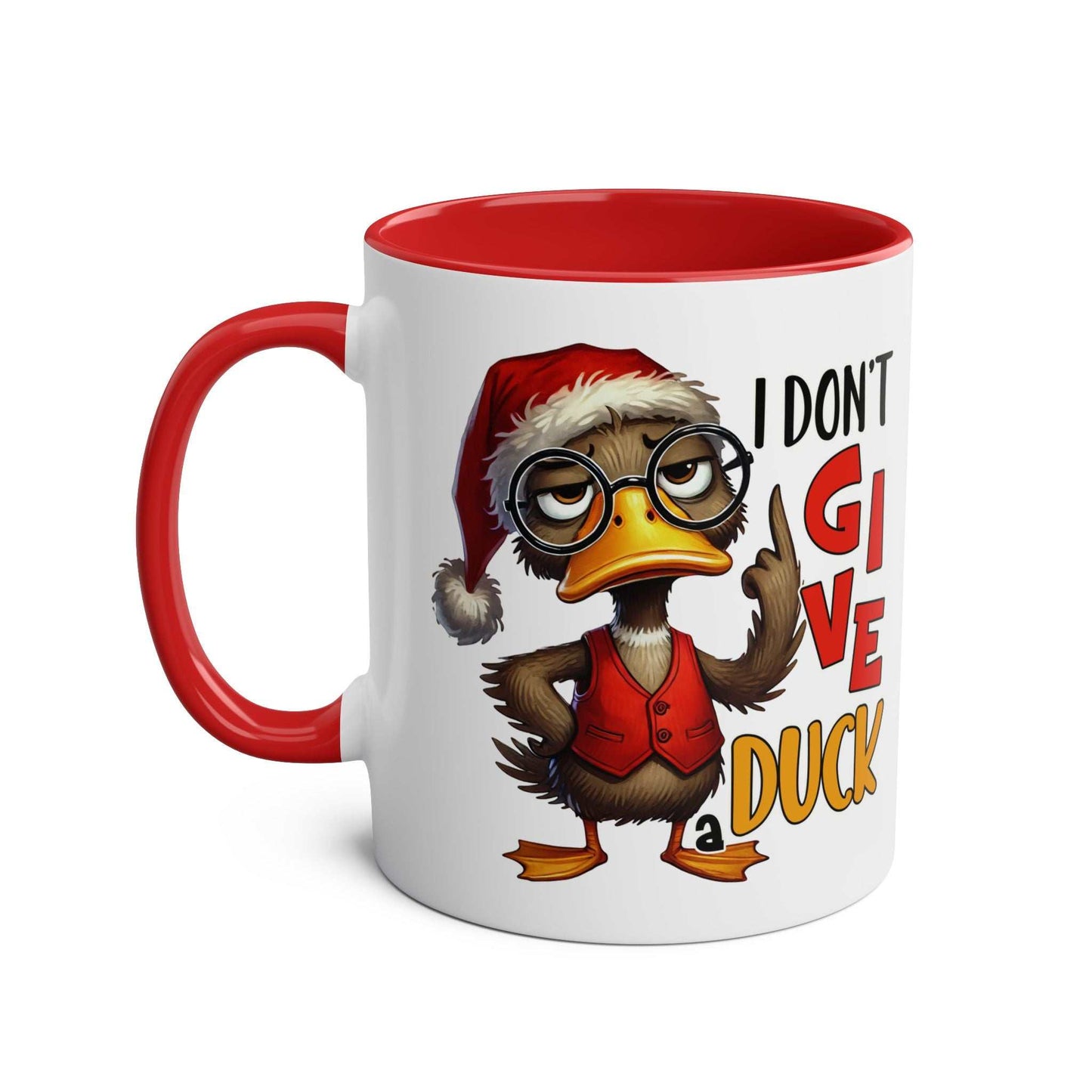 Sarky Christmas Mug with duck design, 11oz ceramic, glossy finish, multiple colors, microwave and dishwasher safe.