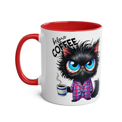 Funny sarcastic coffee mug with red handle and playful cat design.