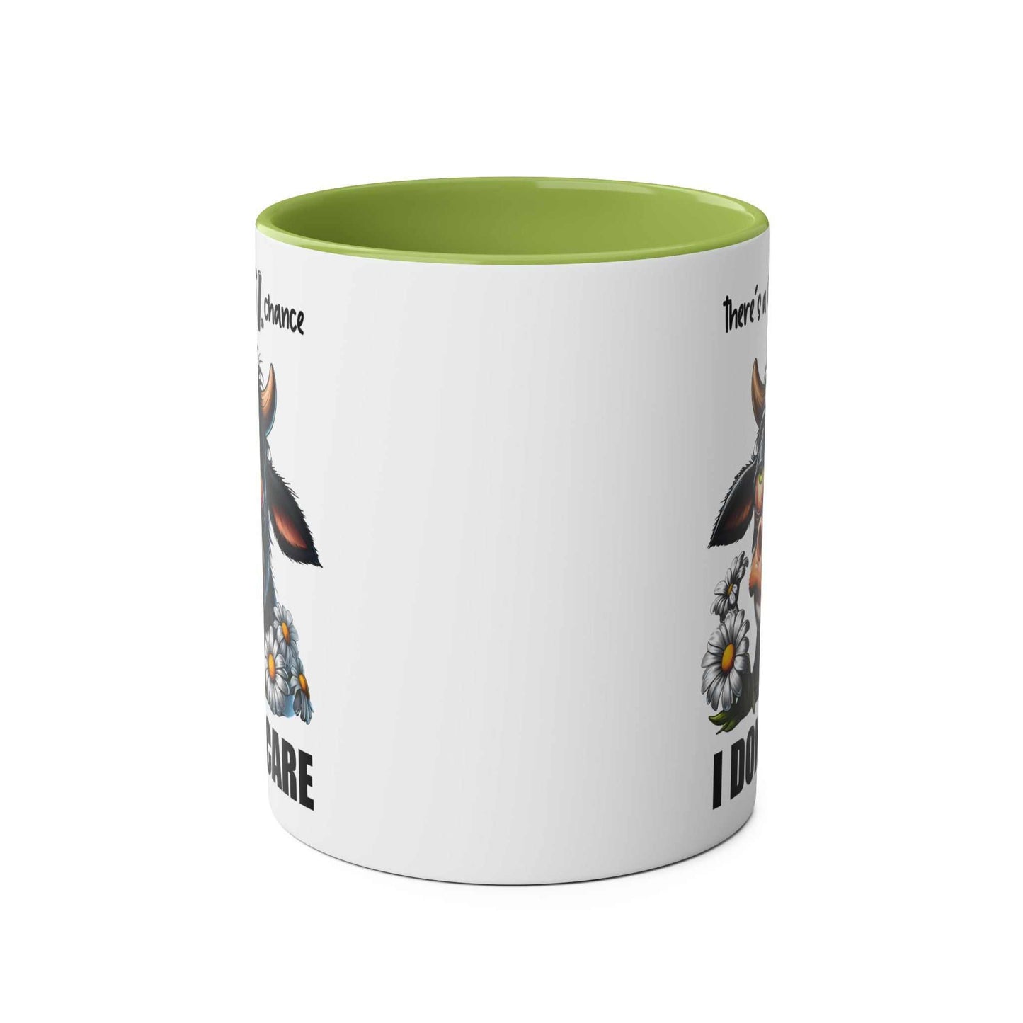 I Dont Care Coffee Mug with sarky cow design, glossy finish, 11oz ceramic, green interior.