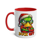 Sarky Christmas mug with duck design and red handle.