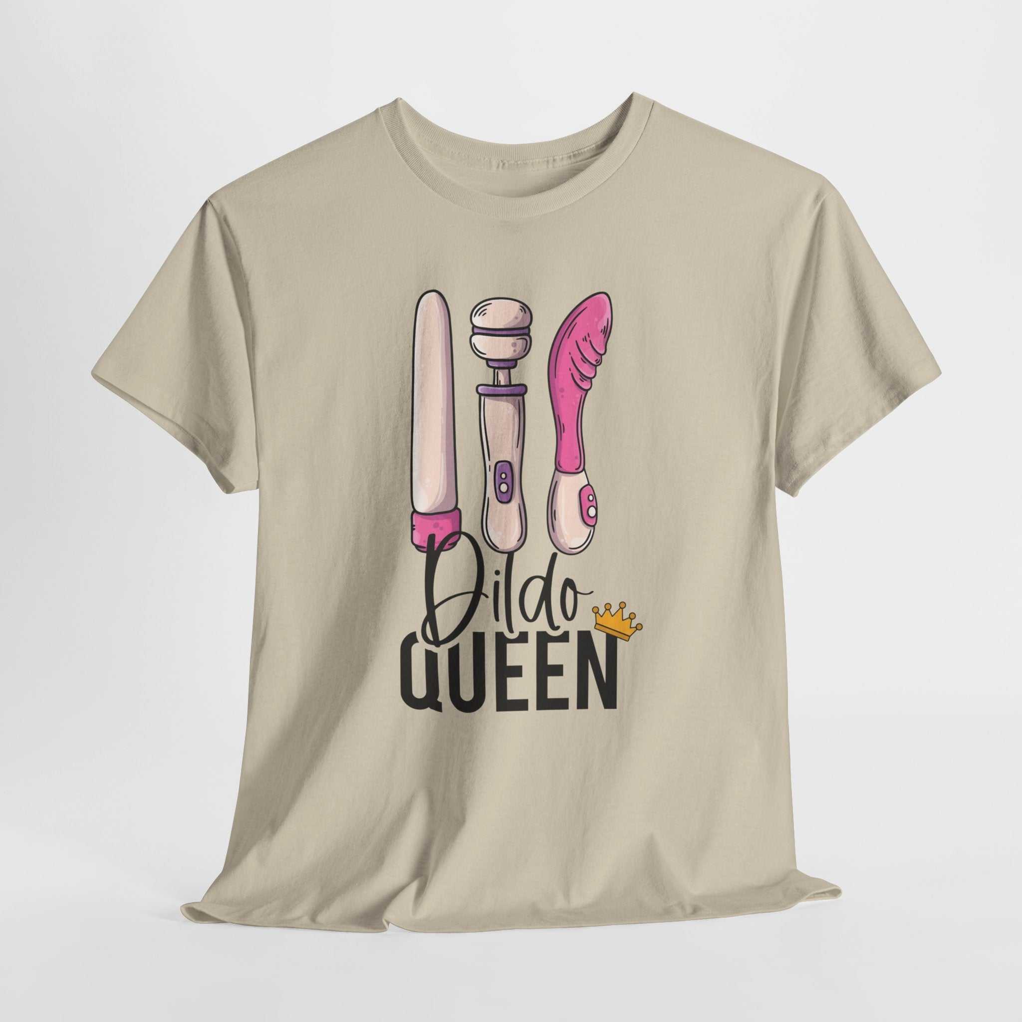 Dildo Queen T-Shirt with bold text design on soft 100% cotton fabric, perfect for confident, cheeky fashion statements.