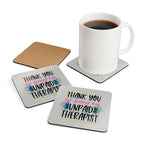 Unpaid Therapist Coaster Set with playful design and coffee mug.