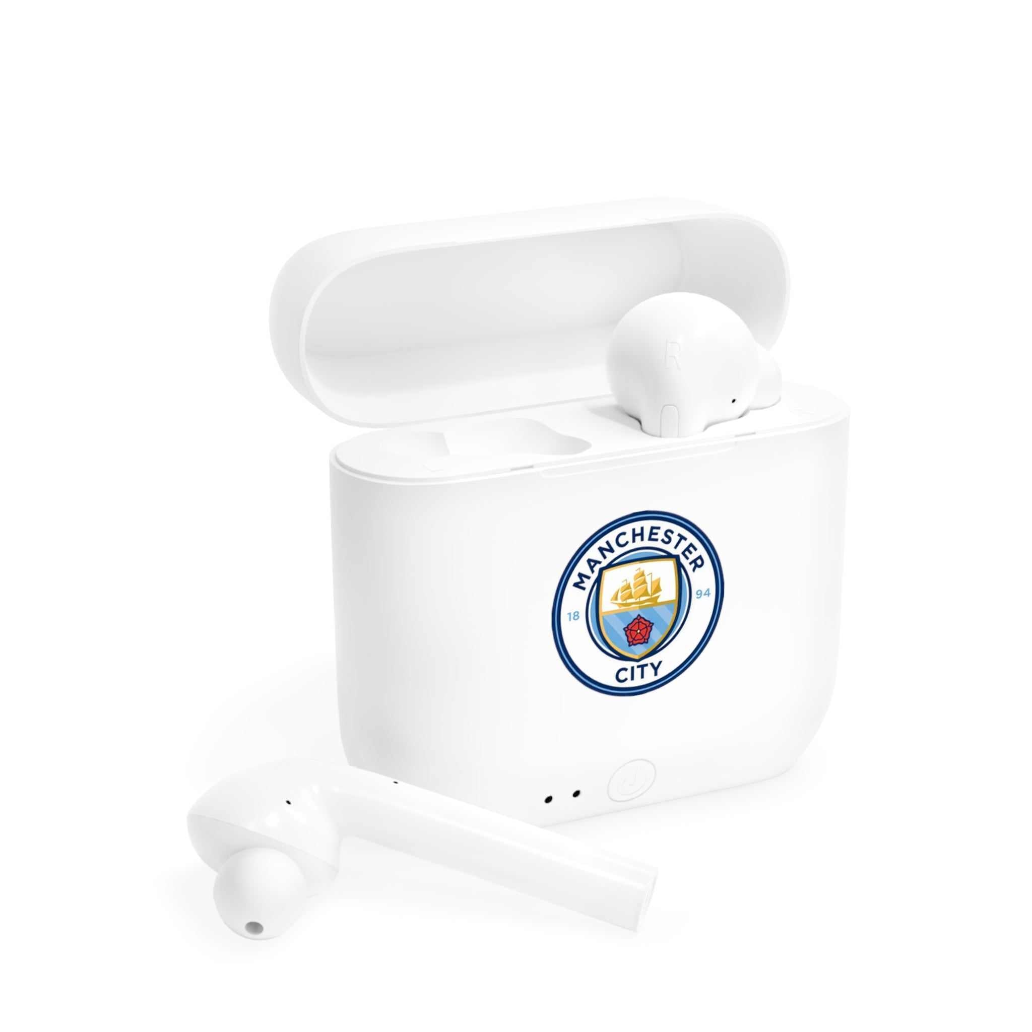 Manchester City Fc wireless Essos earbuds with charging case featuring fan-inspired club crest design