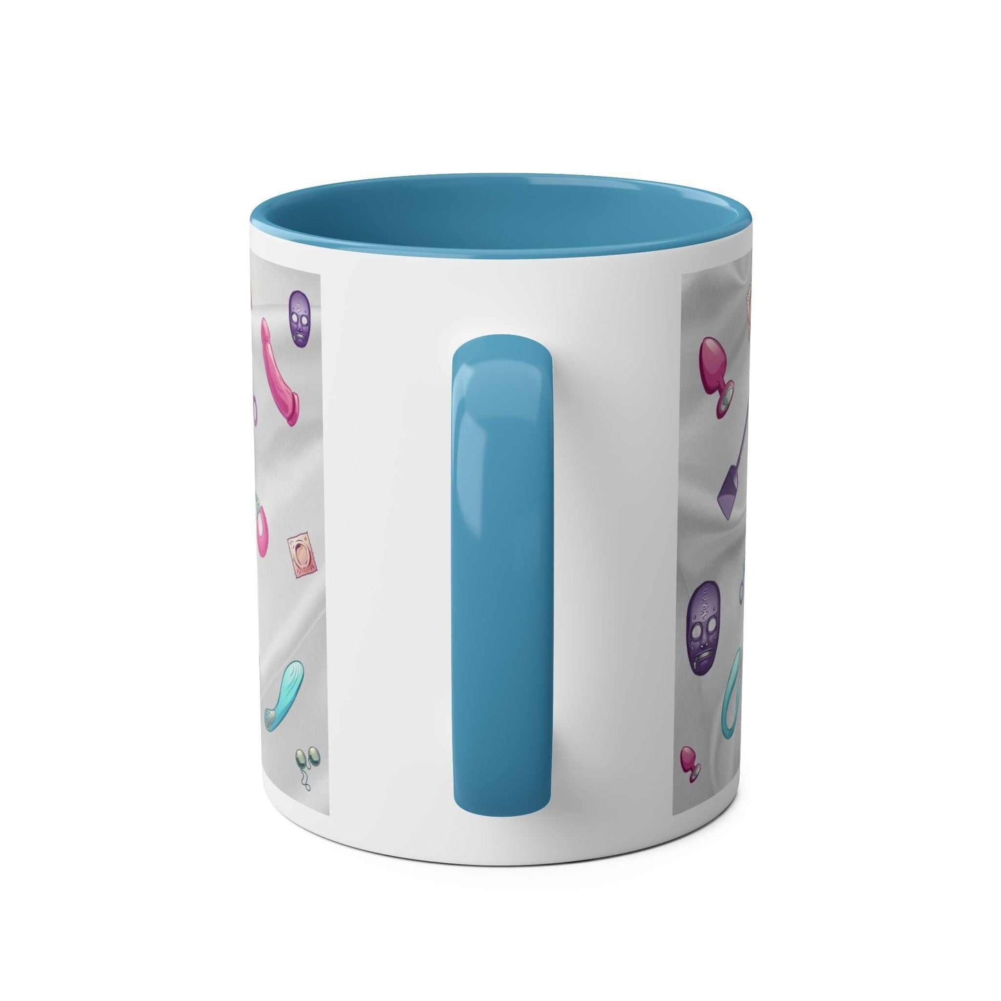 Fun Sex Toy Coffee Mug with playful design, glossy finish, and blue handle.