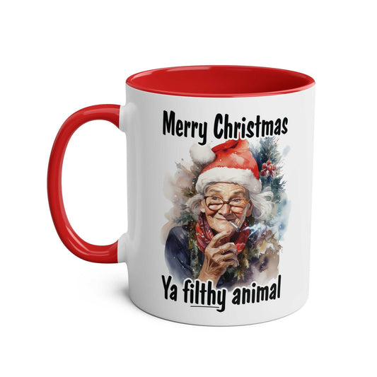 Sweary Granny Christmas Mug with festive cheeky design, red handle, and glossy finish.