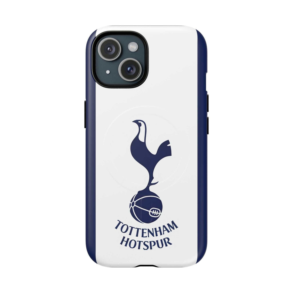 Tottenham FC MagSafe iPhone case with navy and white colors, featuring Tottenham Hotspur crest, shock-absorbing TPU liner, dual layers, and MagSafe compatibility.