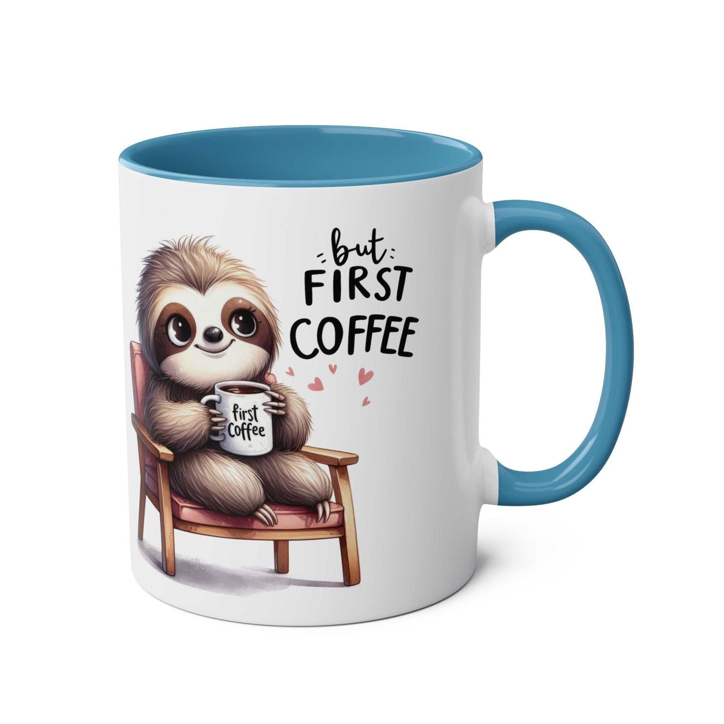 Cute sloth coffee mug with cheerful design and matching coaster.