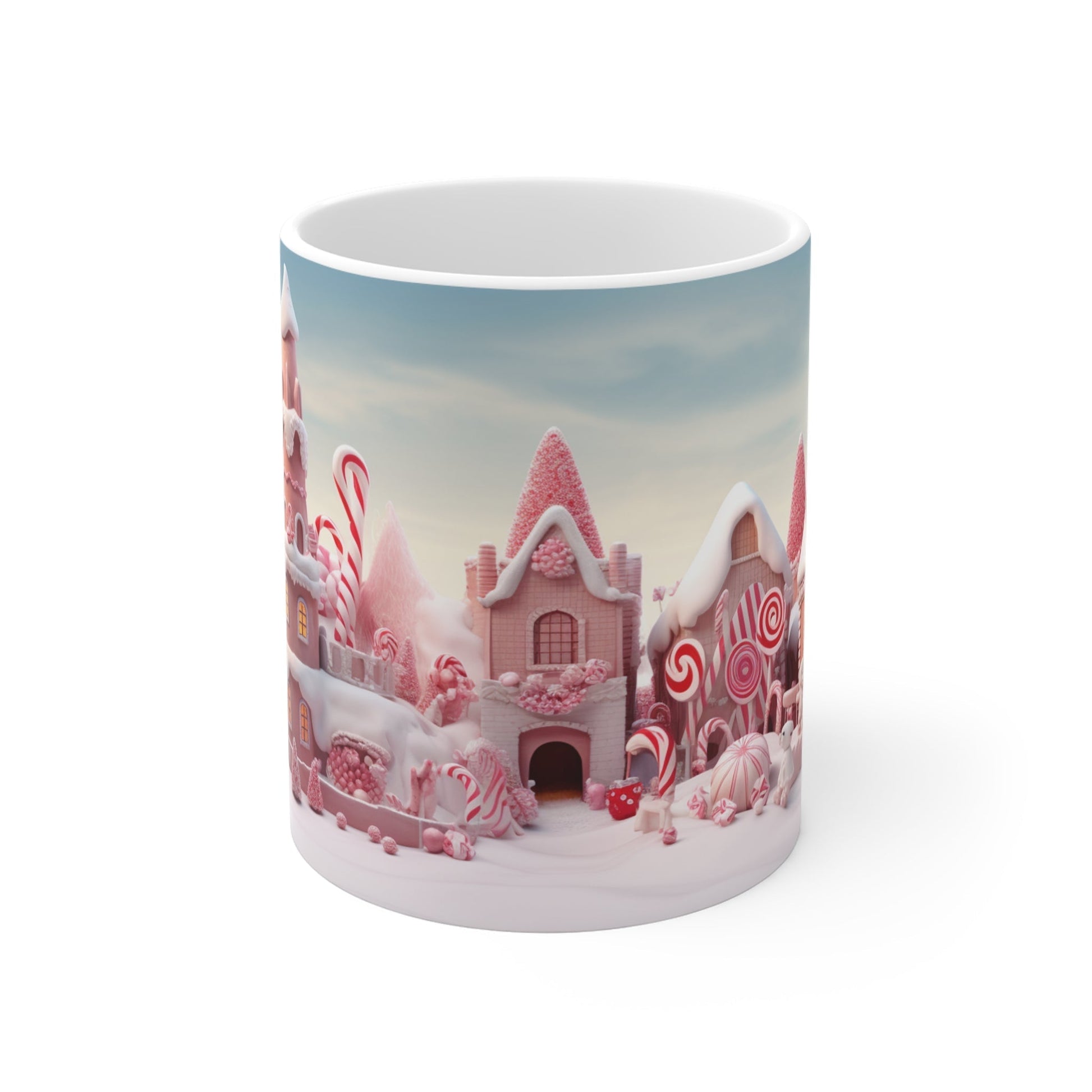 Candy Town Christmas Mug with festive holiday design, 11oz ceramic, glossy finish, microwave and dishwasher safe.