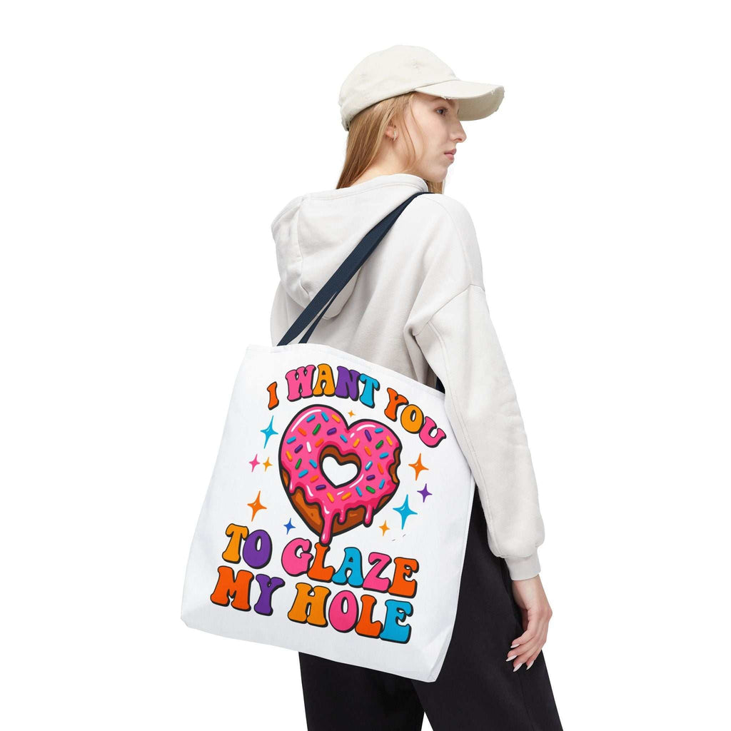 Glaze My Hole Donut Tote Bag with cheeky donut design and durable cotton straps