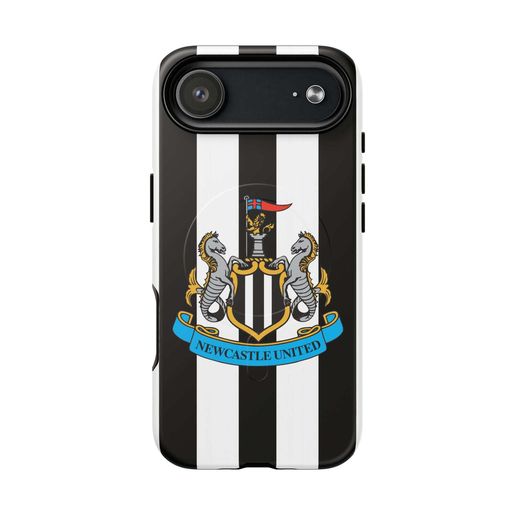 Newcastle United Magsafe iPhone Case with black and white stripes and club crest, durable dual-layer protection, MagSafe compatible