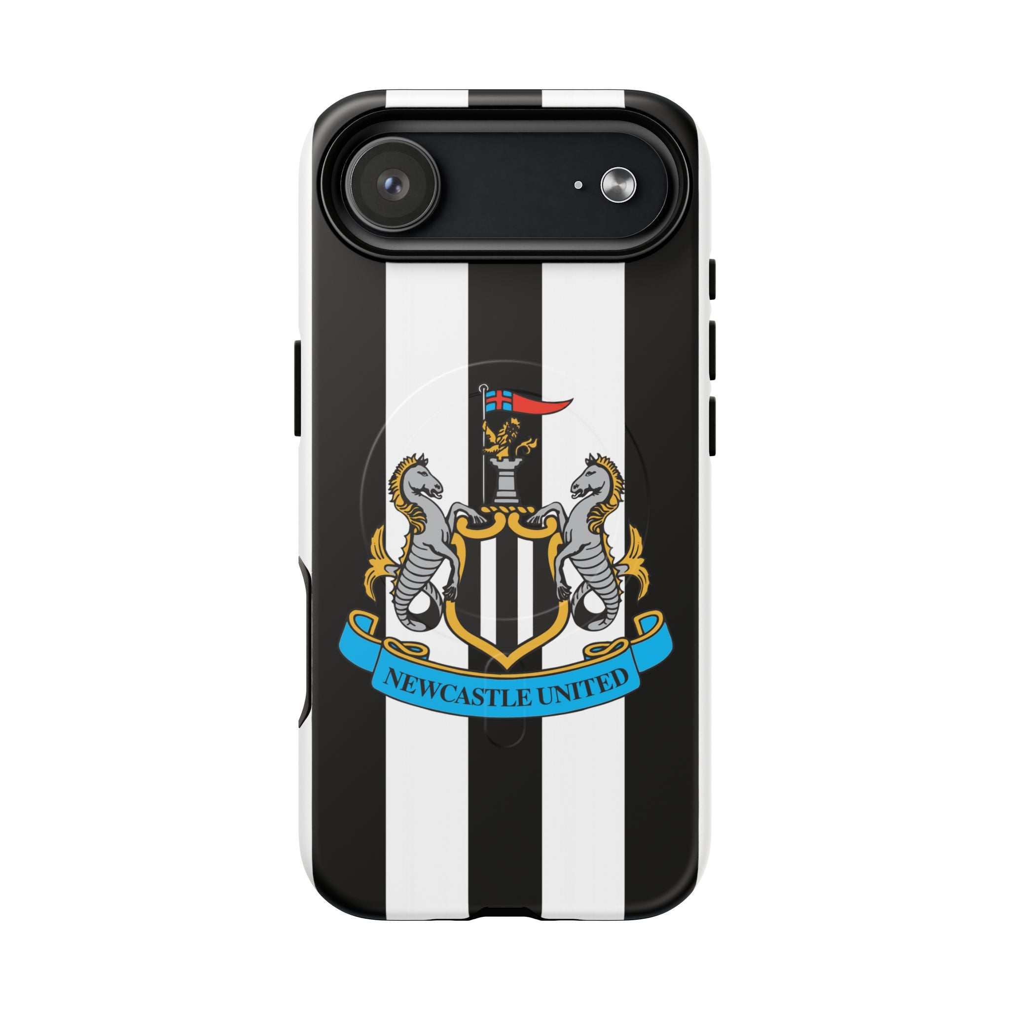 Newcastle United Magsafe iPhone Case with black and white stripes and club crest, durable dual-layer protection, MagSafe compatible