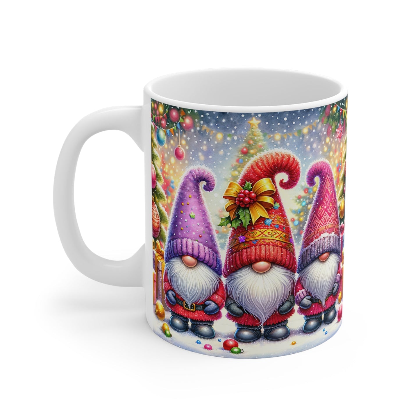 Christmas gnome mug with colorful festive design, 11oz ceramic, glossy finish.