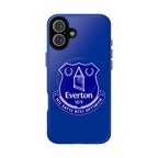 Everton FC MagSafe iPhone case in royal blue with club crest, dual layer protection, and MagSafe compatibility