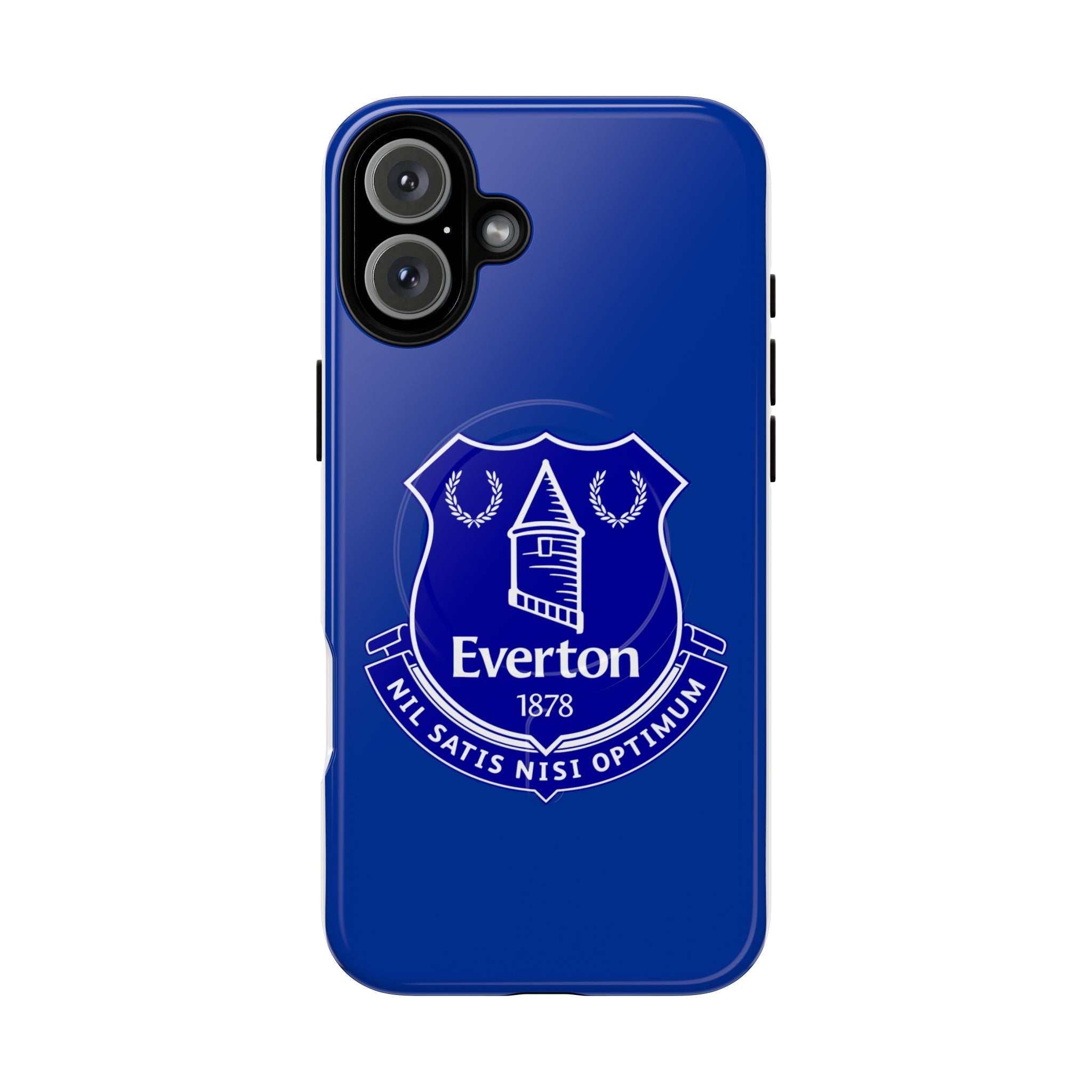 Everton FC MagSafe iPhone case in royal blue with club crest, dual layer protection, and MagSafe compatibility
