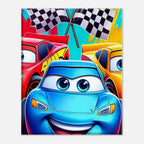 Vibrant Cars Wall Canvas featuring colorful race cars and checkered flags.