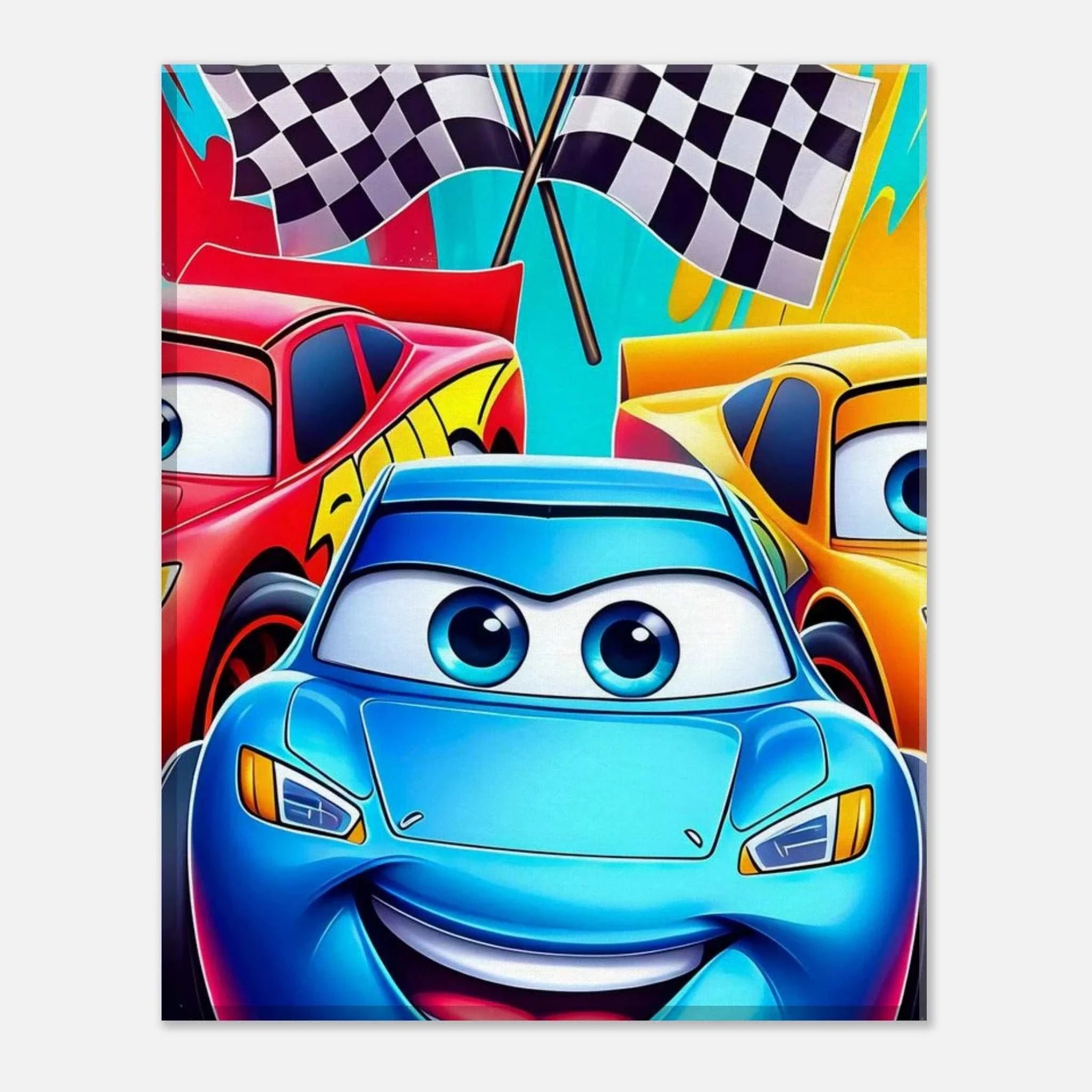 Vibrant Cars Wall Canvas featuring colorful race cars and checkered flags.