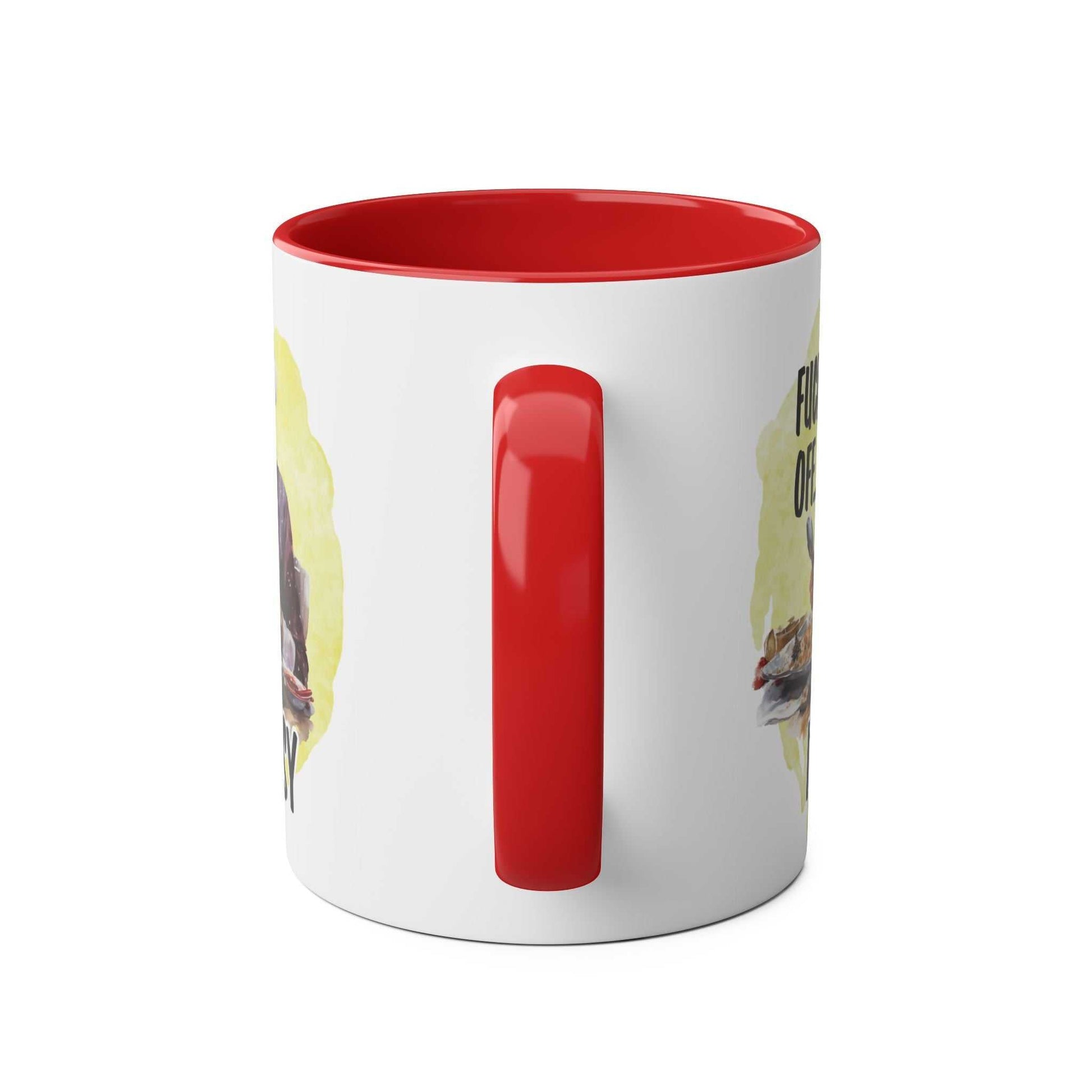 Festive ceramic mug with a fun design and red handle, perfect for Christmas.