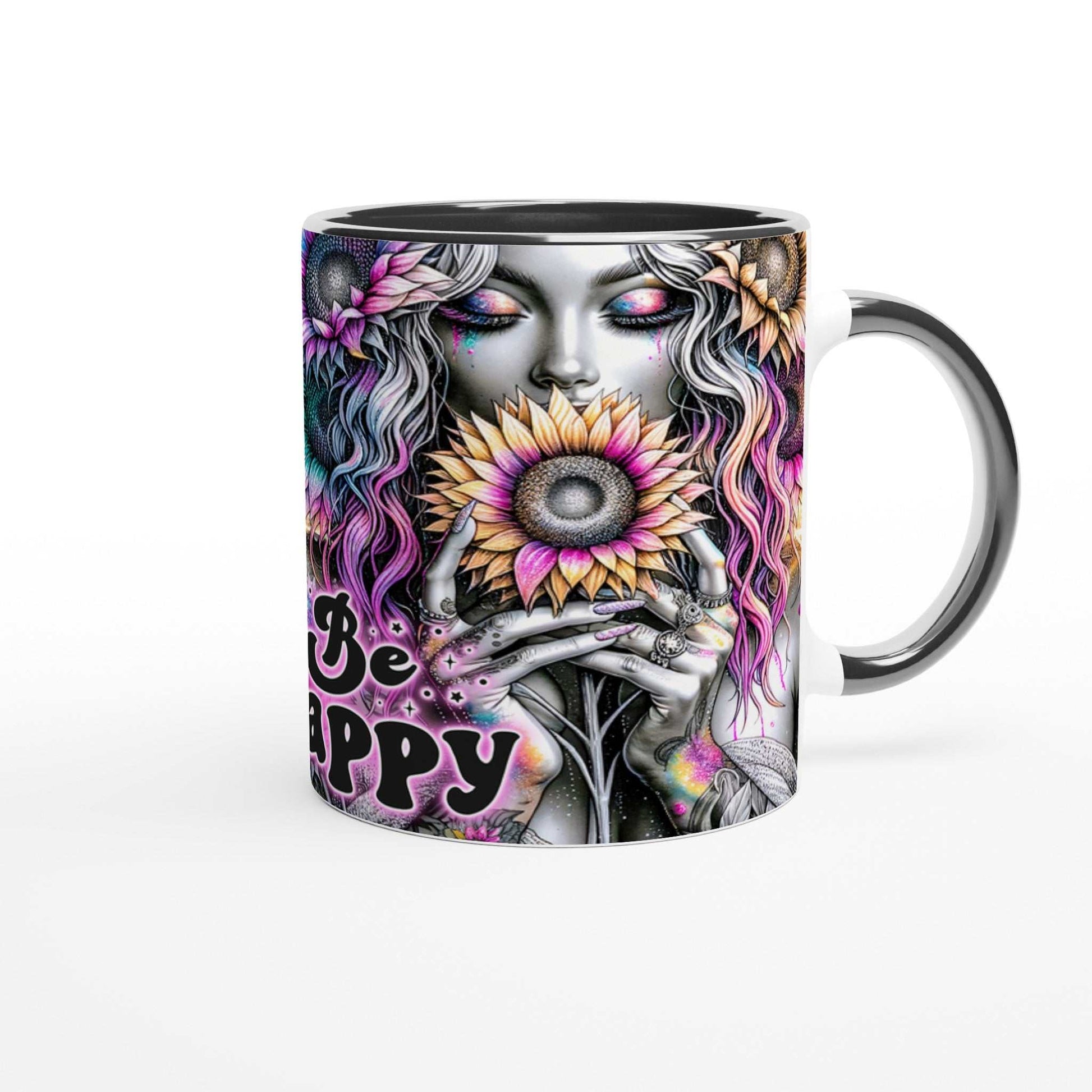 Be Happy Motivational Coffee Mug with colorful design and inspirational quote, 11oz ceramic, glossy finish.