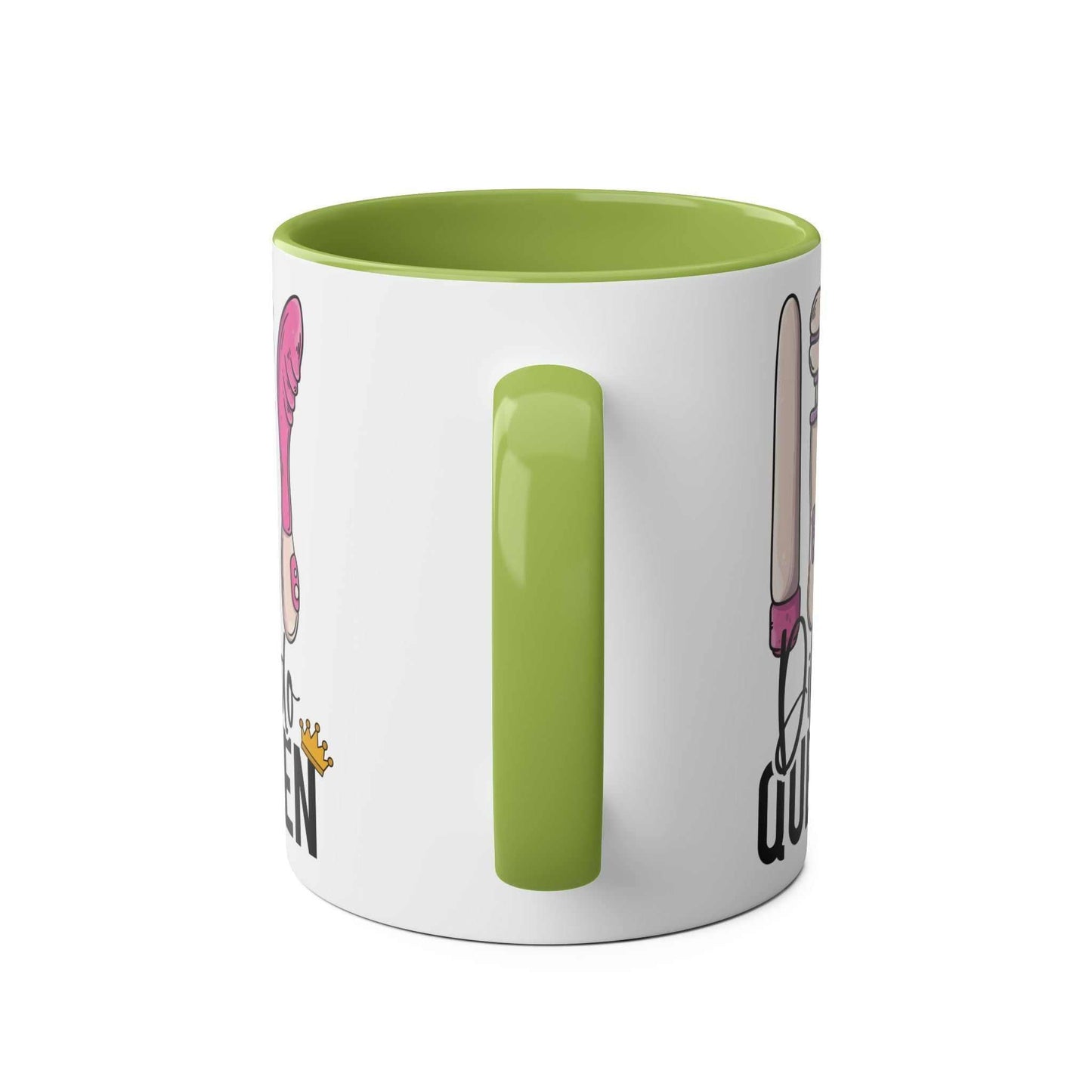 Cheeky Dildo Queen Coffee Mug with green handle and interior, ideal gag gift.