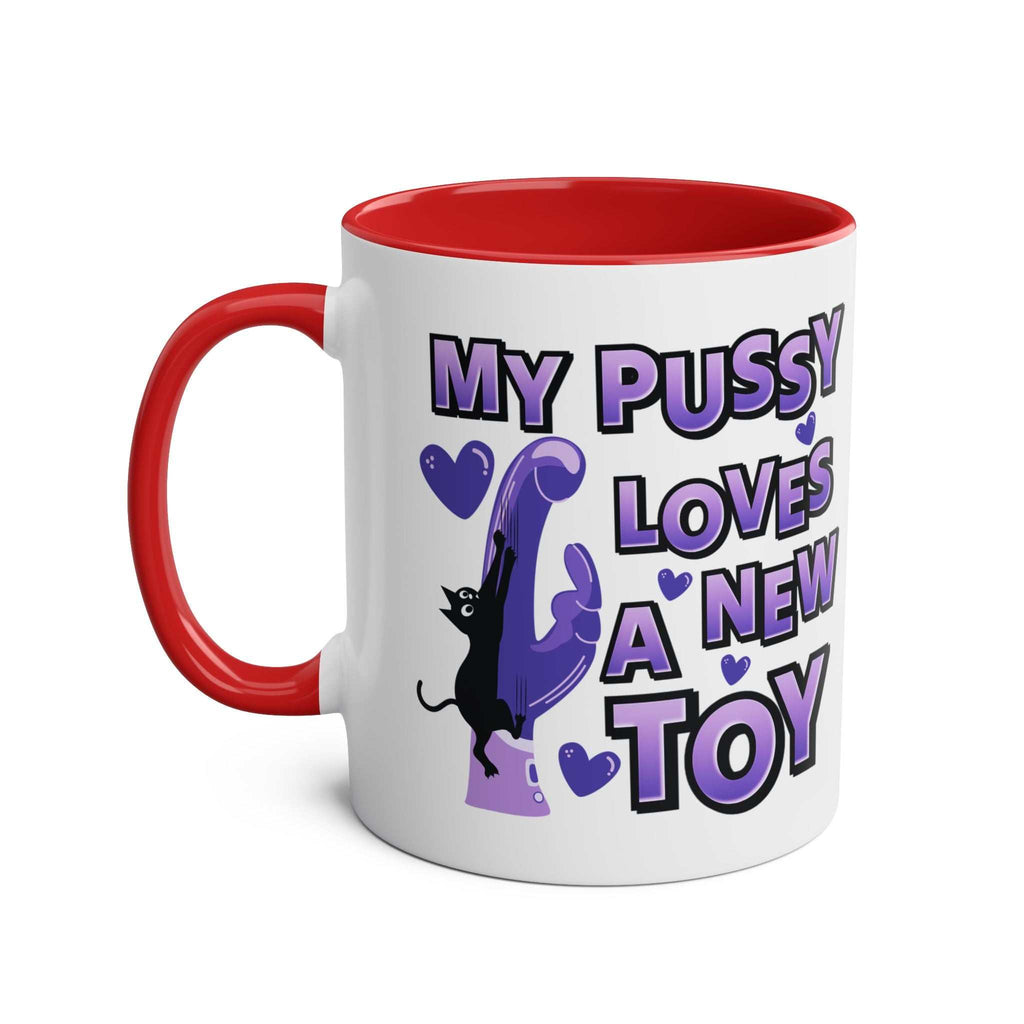 Cheeky Fun Coffee Mug with red handle and interior, humorous cat and toy graphic design