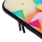 Close-up of geometric pride design laptop sleeve zipper on colorful neoprene case
