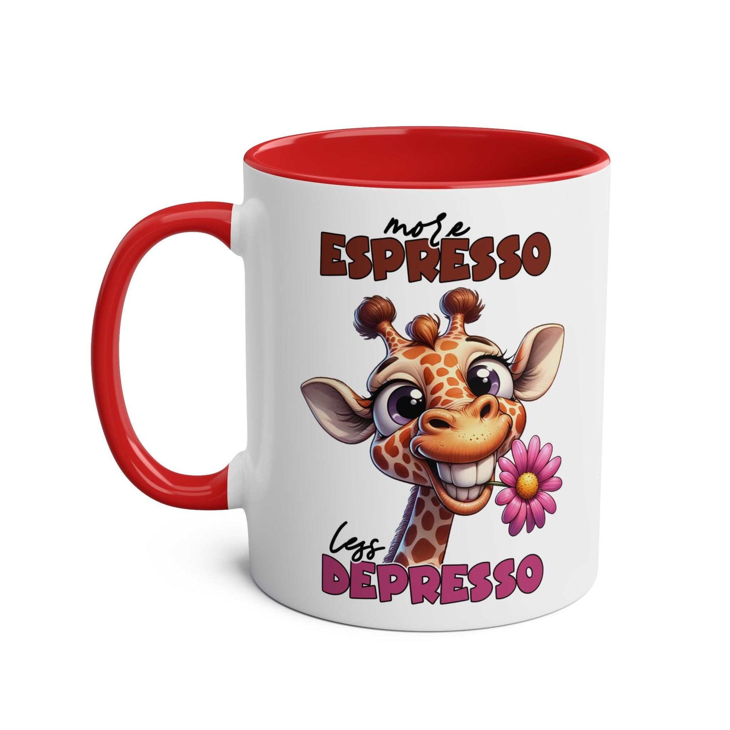 More Expresso Coffee Mug with giraffe design and red handle.